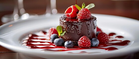 A luxurious and elegant gourmet dessert featuring a rich chocolate fondant, beautifully presented and ready to indulge in. Perfect for upscale dining, fine dining experiences, dessert menus, and food