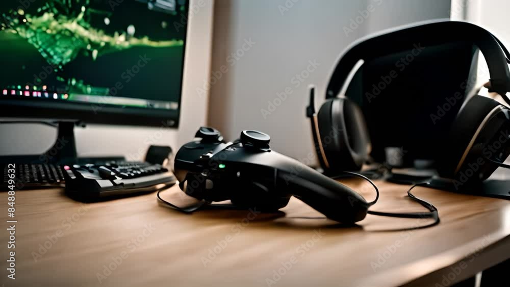 Poster gaming setup with controller and headphones generative ai