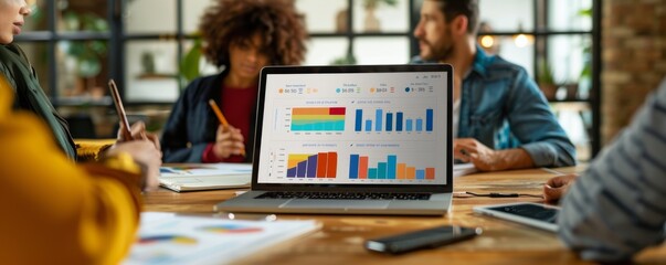 Strategic Business Team Analyzing Financial Dashboard on Laptop During Collaborative Meeting