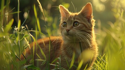 Cat in the green field posing