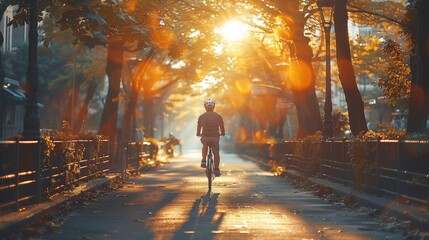 Morning in the city, a man riding a bicycle on a quiet street. The sun shines through the tree crowns, illuminating the road. Generative AI.
