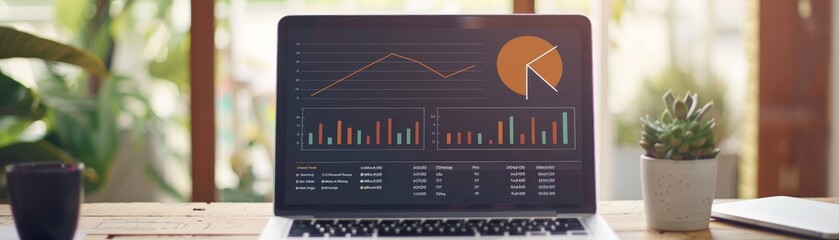 Modern Workspace with Laptop Displaying Interactive Market Research Report