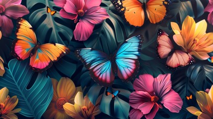 Seamless pattern of colorful butterflies fluttering among blooming flowers