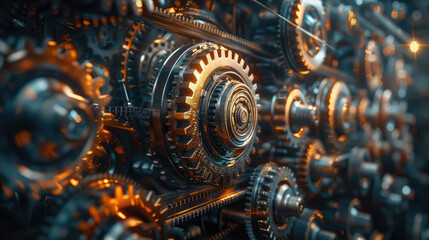 Fototapeta premium various metal gears, cog, cogwheel, mechanical system, technology, engineering, factory, manufacturing, steel, teamwork, wheel, motion, industry, equipment, mechanism, machinery, machine, connection