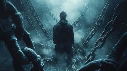 Obraz premium Person Standing Confidently Against Whips and Chains Symbolism