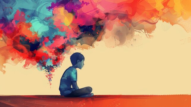 Horizontal banner. World ADHD Awareness Day. silhouette of a sitting boy on a light background with chaotic strokes and spots. Mental health concept. Attention deficit hyperactivity disorder. Autism