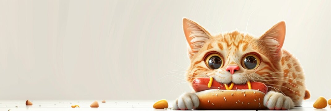 National Hot Dog Day. Horizontal banner. Funny cat with hot dog, sausage in a bun with mustard on a light background. Free space for text, copy space