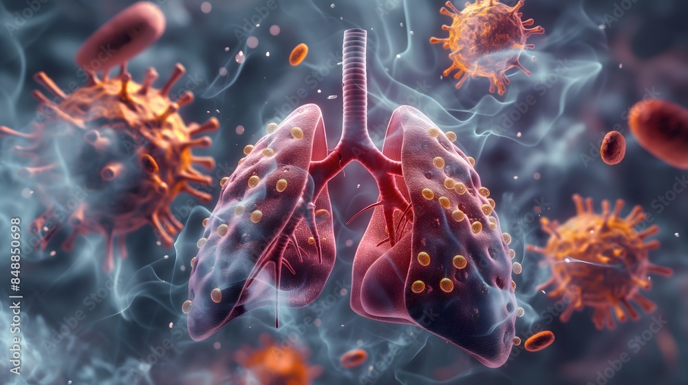 Poster 2. a 3d rendering of the mycobacterium tuberculosis bacteria attacking lung cells