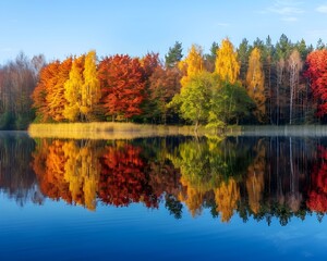 Tranquil Autumn Landscape Reflected on Calm Lake with Vibrant Foliage