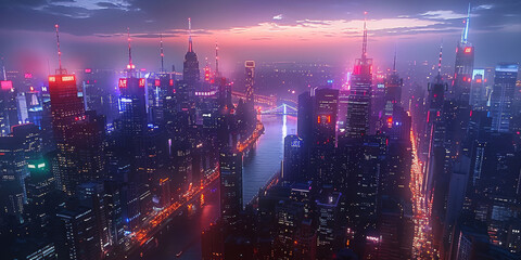 Obraz premium Nightfall over a bustling city with skyscrapers lit up in neon lights. Aerial high view. Generative AI.
