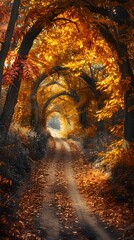 Naklejka premium Enchanting Autumn Pathway in Tranquil Forest Landscape