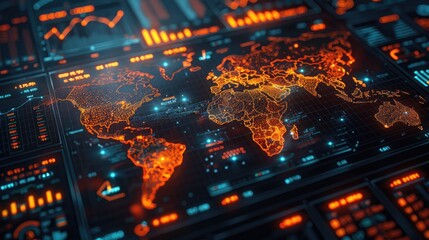 Global Markets Overview: Dynamic Financial Data on World Map Background with Neon Lighting Effects and High-Tech Interface