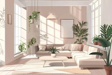 This image features an illustration of a cozy Scandinavian-style living room, showcasing modern furniture, neutral colors, minimalist decor, and a warm ambiance. The room is well-lit with natural