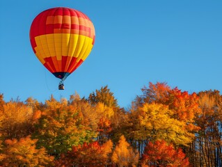 Fototapeta premium Hot Air Balloon Floating Over Vibrant Autumn Forest Landscape With Clear Blue Sky