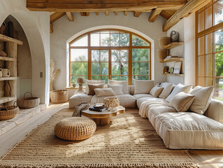 Modern living room of country house in style of Scandinavian minimalism and luxury minimalism