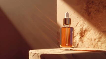 Fototapeta premium Mockup of glass bottle with dropper for hair and skin care serum packaging on brown background in sunlight rays Cosmetics container on platform branding concept