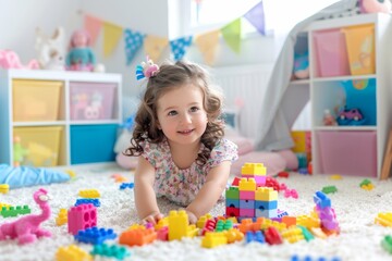 Fototapeta premium A young girl is laying on the floor surrounded by a pile of colorful blocks