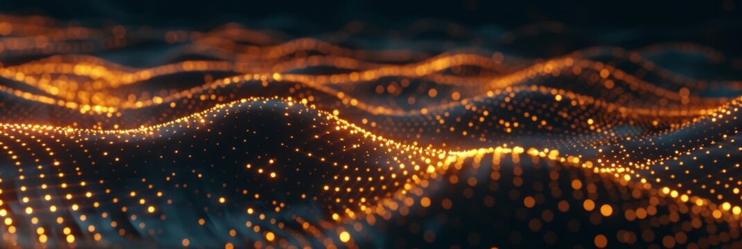 Background with light glowing dots shaped like an abstract wave, with some orange and yellow lights shining on it. The scene is captured from above at eye level, creating a sense of depth. - Powered by Adobe