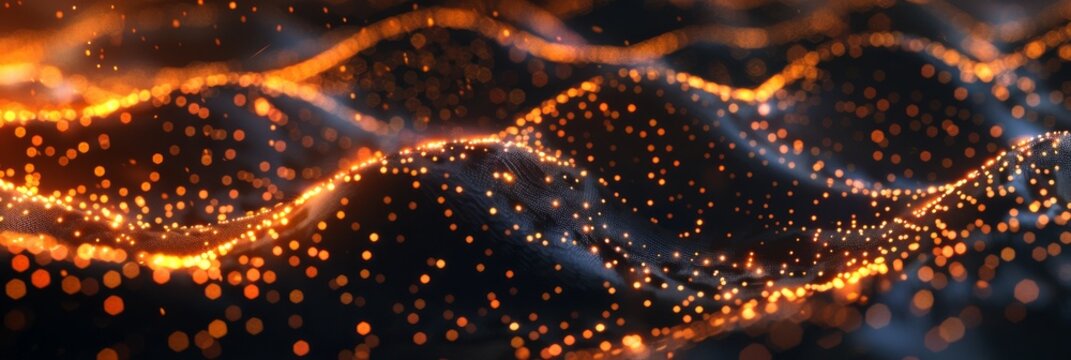 Background with light glowing dots shaped like an abstract wave, with some orange and yellow lights shining on it. The scene is captured from above at eye level, creating a sense of depth. - Powered by Adobe