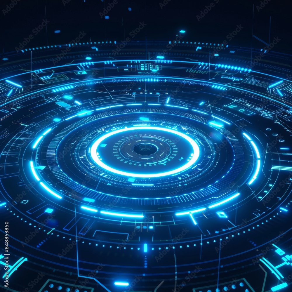 Poster futuristic digital interface with glowing blue lines forming circular patterns, representing advance