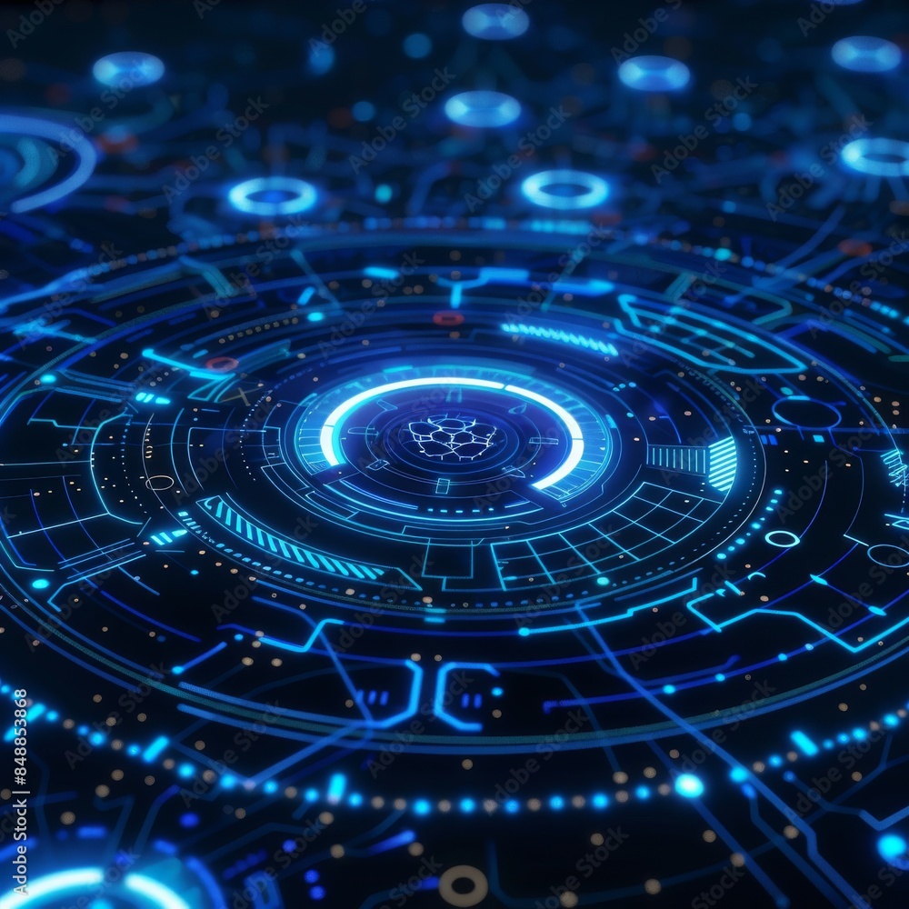 Poster futuristic digital interface with glowing blue lines forming circular patterns, representing advance