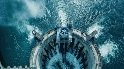 Hydroelectric innovations, future developments, top view, showcasing advanced technologies, digital tone, vivid