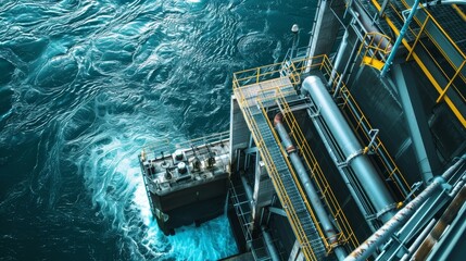 Hydroelectric innovations, future developments, top view, showcasing advanced technologies, digital tone, vivid