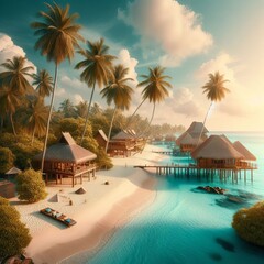 Fototapeta premium A beautiful sunset over a tropical island resort featuring overwater bungalows and tall palm trees. The warm light and pristine waters evoke a sense of luxury and relaxation.. AI Generation