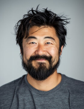 A headshot of a 30 year old Asian American man with black hair mustache and beard wearing a flannel shirt, smiling at the camera against a studio background