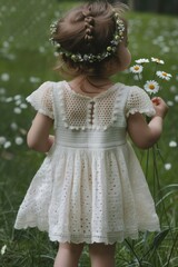Obraz premium A young girl wearing a white dress and holding a daisy