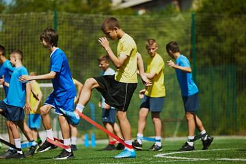 Obraz premium Dynamic Sports. Children in colorful sports uniforms engaged in soccer training on outdoor green field. Demonstrating movement and coordination. Concept of sport, school, childhood, active lifestyle