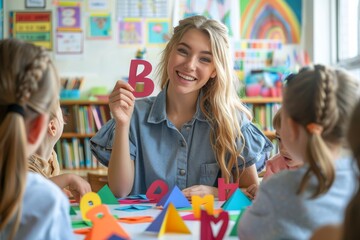Fototapeta premium A woman is holding up a letter B and smiling