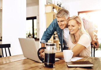 Happy couple, laptop and budget in living room for vacation, retirement and planning at home....