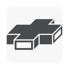 4 way duct parts vector icon. Galvanized steel sheet with shape for ductwork to install on ceiling to distributing supplying hot cold air in hvac or air conditioning and ventilation system.