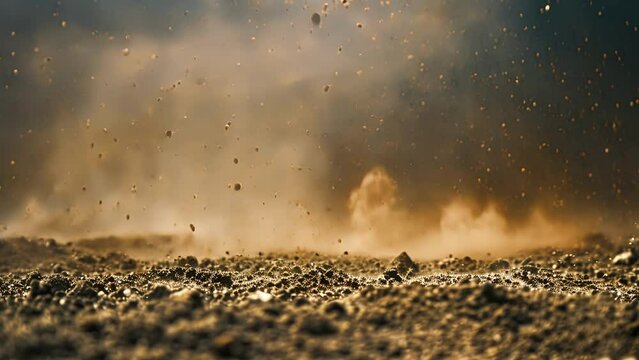 A closeup of dusty dirt with fine particles seen in the air and a powdery texture visible on the surface.
