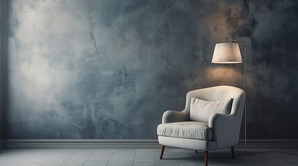 Interior design of modern armchair and lamp against a grey wall