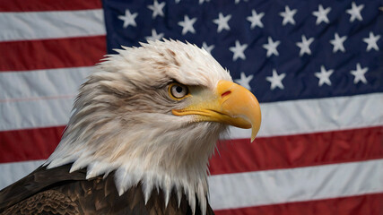 Obraz premium Bald Eagle with USA Flag in the background.