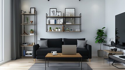 Interior of light living room with black sofa, shelving unit, coffee table and modern laptop