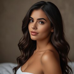 Naklejka premium a woman with long dark hair wearing a white top with a gold chain around her neck 