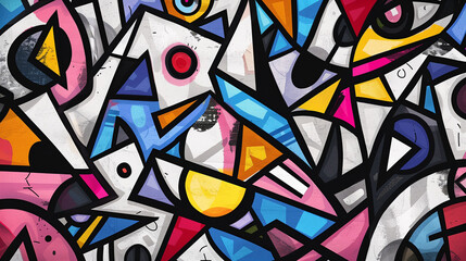 Obraz premium An abstract mosaic of chaotic inspirations interpreted on canvas. Shapes and lines move freely, creating an image that is both energetic and enigmatic.