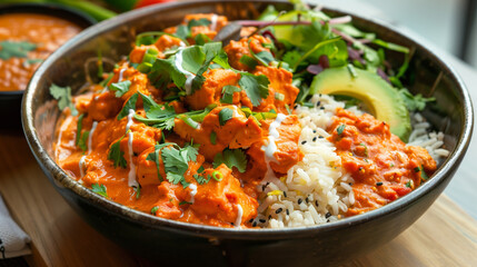 Chicken tikka masala bowl, served with rice and vegetables