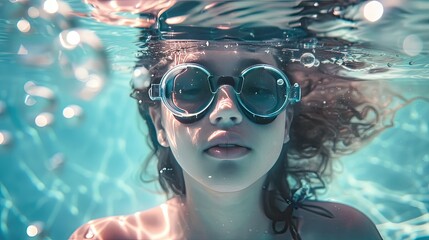 Naklejka premium Cinematic Wide Shot of Young Girl Wearing Goggles Underwater with Natural Light, Depth of Field, and Bokeh Effects