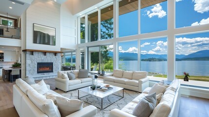 Naklejka premium large open living room with lake view floor to ceiling windows view granite fireplace white furnishings hardwood floor and white area rug