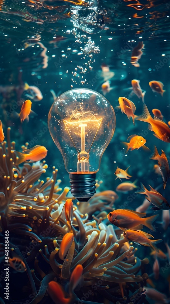 Poster underwater lightbulb surrounded by glowing fish symbolizing submerged ideas and concepts