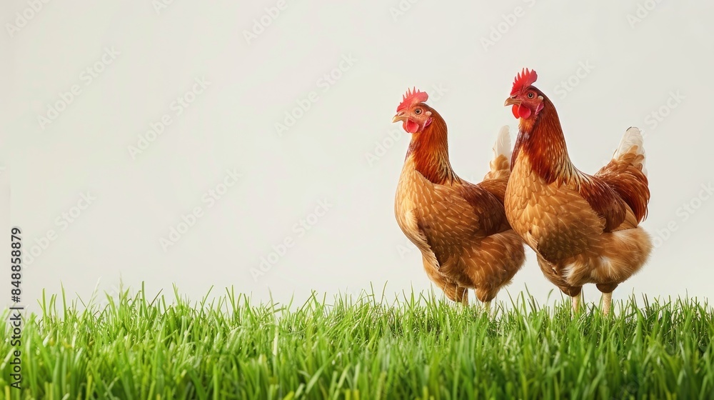 Wall mural hens grazing on grass in traditional organic farm with space for text