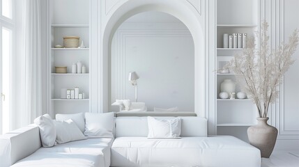 Living room interior with white decor arched mirror and built in shelving warm white tone minimalist