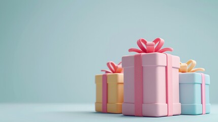 Obraz premium A colorful arrangement of gift boxes with bows on a pastel background. Perfect for celebrations, holidays, or special occasions. 3D Illustration.
