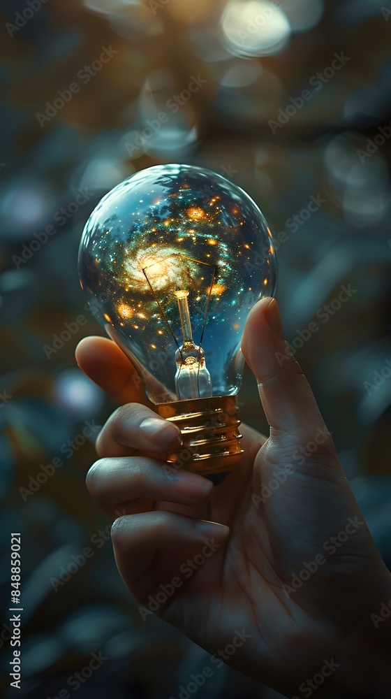 Poster hand holding a lightbulb with a tiny universe inside symbolizing infinite possibilities and creative