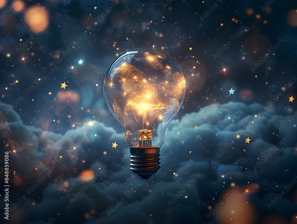 Poster lightbulb floating in starry cosmic space symbolizing innovative idea or breakthrough concept