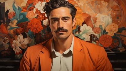 Portrait of a mustachioed Mexican in an unbuttoned shirt, made in the Art Deco style. A man in a 1930 suit.